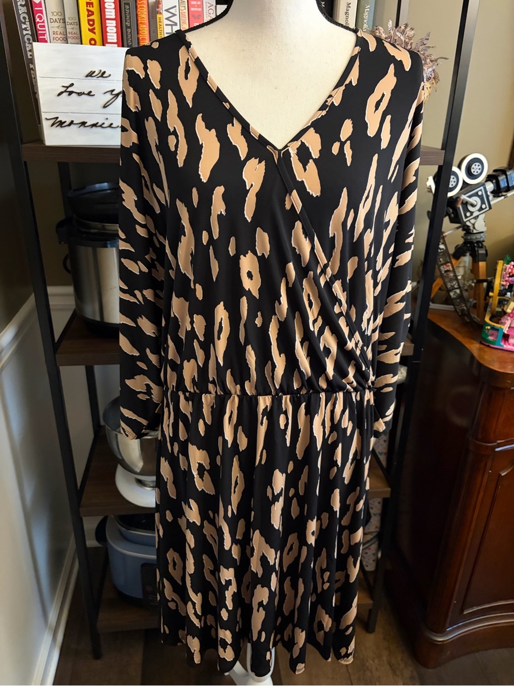 Colleen Lopez Black and Tan Leopard Print Long Sleeve Wrap Dress